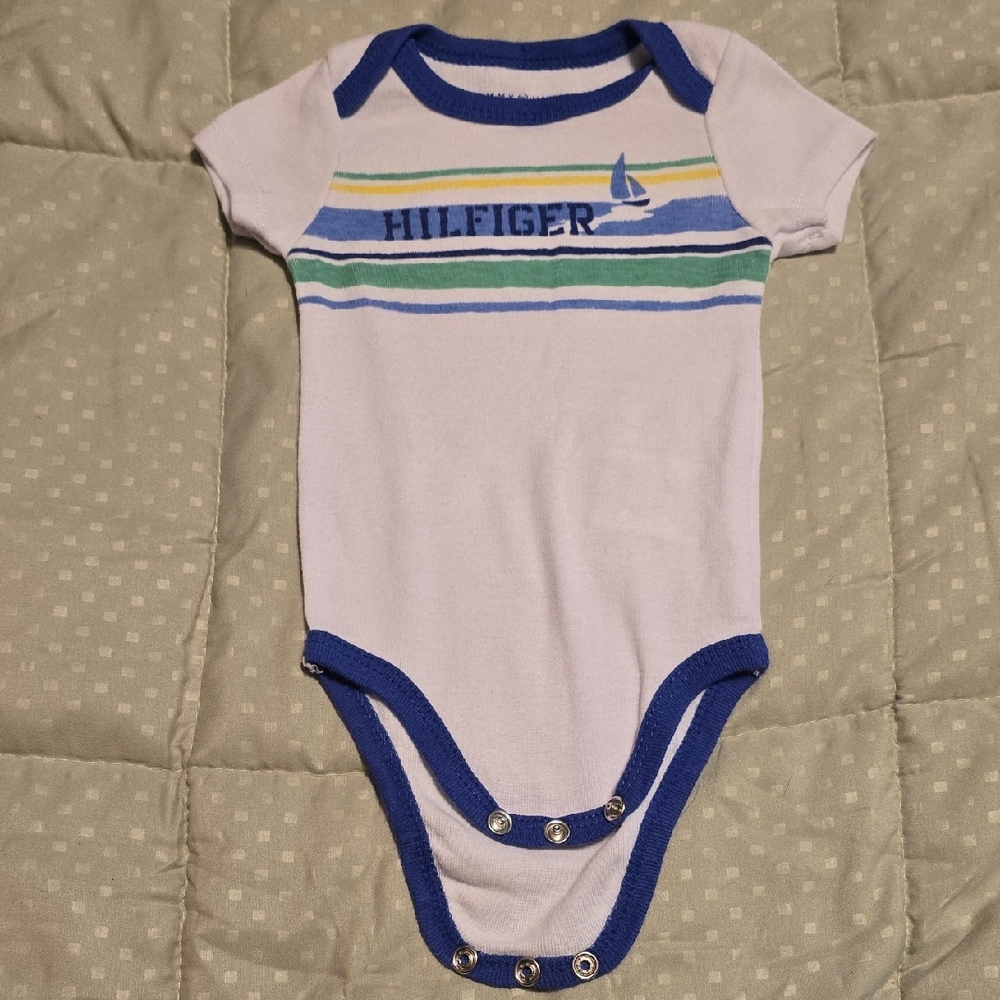 Tommy Hilfiger White and Blue Bodysuit with Ribbed Collar